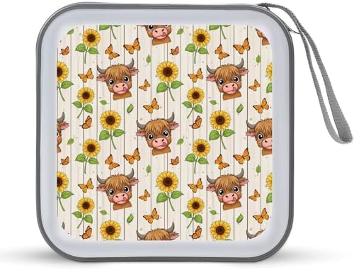 DVD Storage Binder for 40 Discs Cute Sunflower Highland Cow, Hard Shell Protective Wallet with Handle, Portable CD Organizer for Car Travel