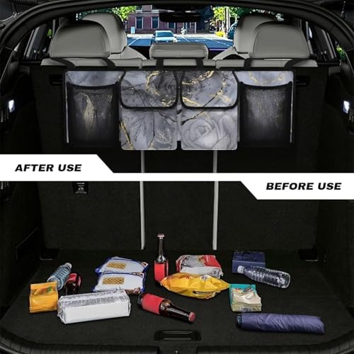 Dreaweet Grey Marble Print Trunk Organizer for Car Collapsible Car Trunk Storage Organizer with 4 Pockets Backseat Hanging Organizer for SUV Truck Minivan Car Storage Accessories Interior