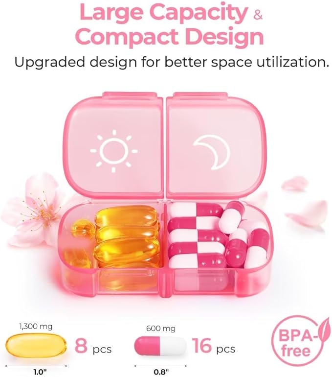 AUVON Weekly Pill Organizer 2 Times a Day, One-Side Large Opening, Easy‑Use | XL AM PM Pill Case, Travel Pill Box 7 Day, Medication Organizer for Medications, Vitamins, Fish Oils, Supplements, Pink