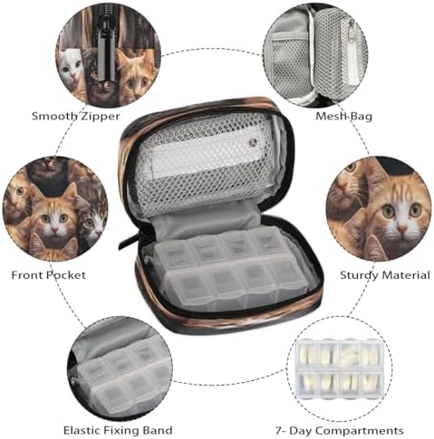 Pill Organizer Box pet cat Cute 7-Day Weekly Medicine Pill Case Travel Pill Container Portable Pill Holder Storage Purse Bag Small Compact Size for Vitamin Supplement Birth Control