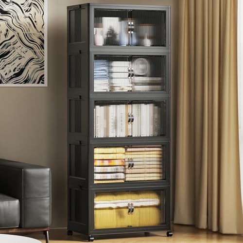 SAILUN 325Qt Stackable Storage Bins,Storage Cabinet with a Lid,5 Pack Black