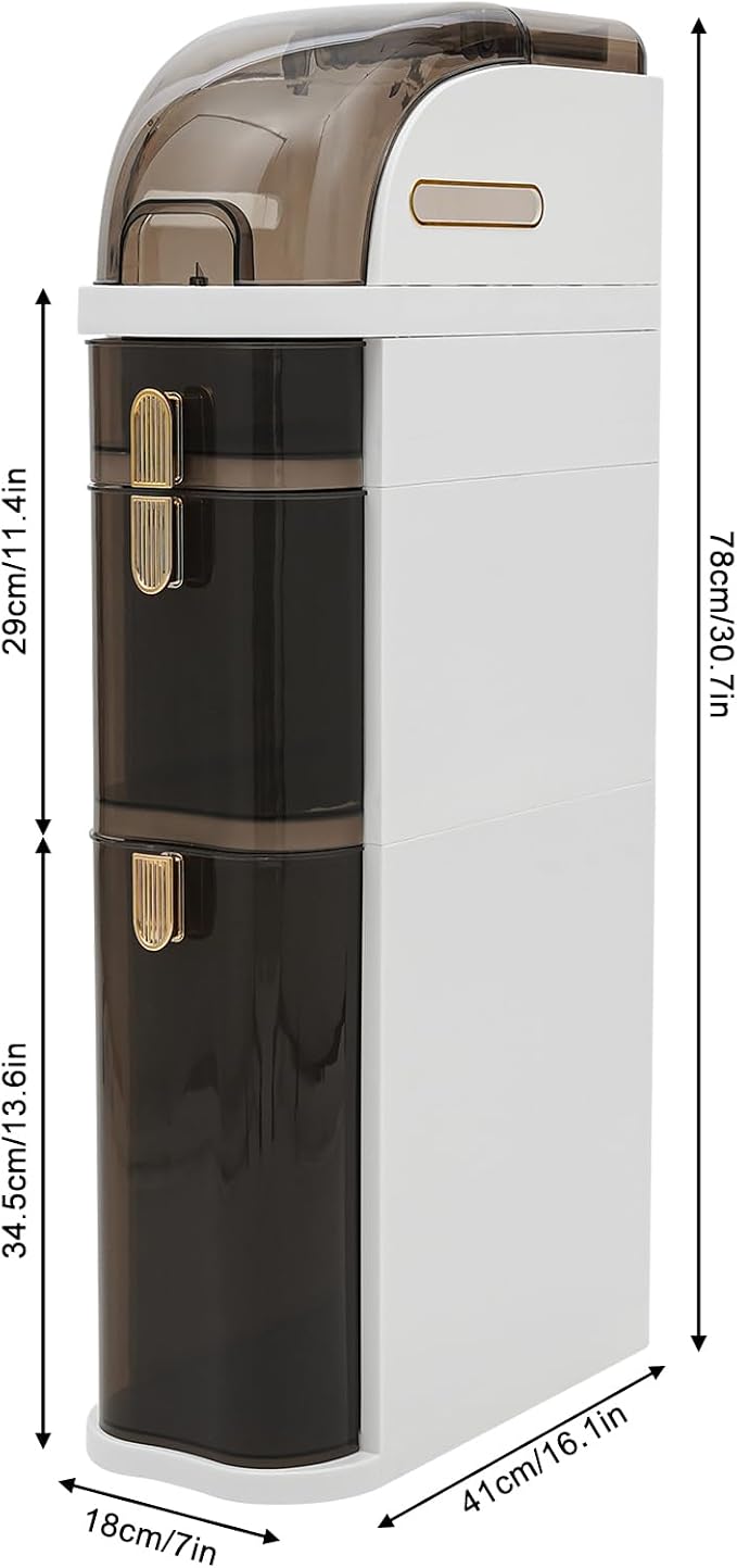 3 Tiers Slim Bathroom Storage Cabinet, Drawer Narrow Slim Storage Cart with Tissue Box and Removable Dividers, Portable Utility Organizer Cart Bedroom Kitchen Office Dorm, Compact Vertical Design
