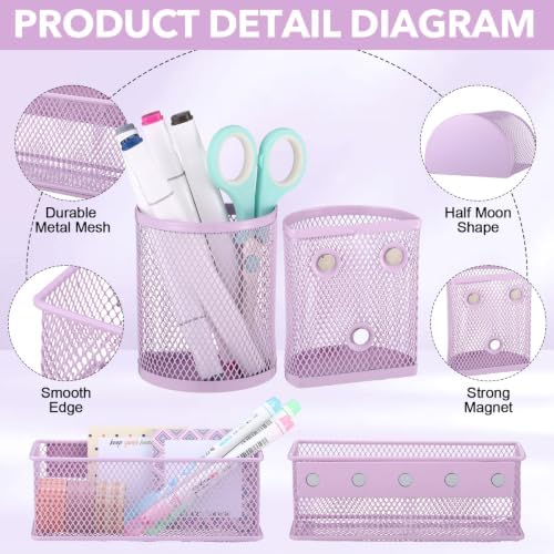 Weysat Set of 5 Magnetic Locker Accessories Mirror with 2 Magnetic Pen Holder and 2 Wire Mesh Storage Basket for Students Back to School Locker Organizer for Office End of School Years Gifts (Purple)