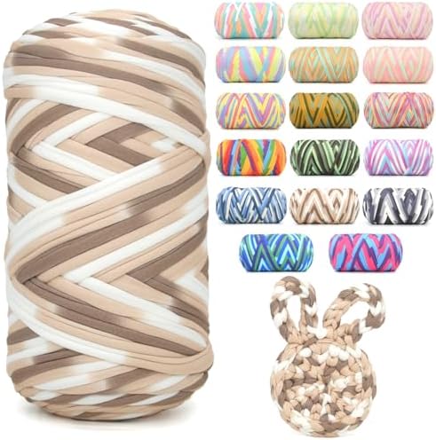 400g Tshirt Yarn for Crochet,Rainbow T Shirt Soft Elastic Fabric Chunky Thick T-Shirt Crochet Yarn for Crocheting Knitting Beginner Hand Knitting for Bag/DIY Craft/Home Decor-Coffee White