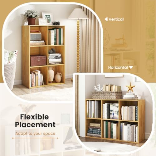 GIANTEX 6-Cube Bookcase, 3-Tier Cubby Bookshelf, Burlywood | Horizontal Vertical Display Rack with Anti-Tipping Kits, Modern Storage Organizer Shelf Unit for Living Room, Home Office