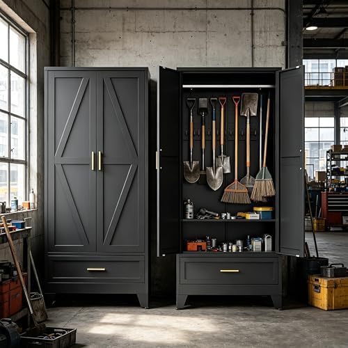 71" H Broom Closet Storage Cabinet,Laundry Storage Cabinet,Metal Garage Storage Cabinet,Black Storage Cabinets,Utility Cabinet