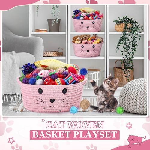 Zopeal 58 Pcs Summer Cat Storage Basket Gift Toys Set, Colorful Flashing Balls Pet Bell Crinkle Balls Spring Toys Attract Cat to Swat, Hunt, Interactive for Pet(Pink,9.8 Inch)