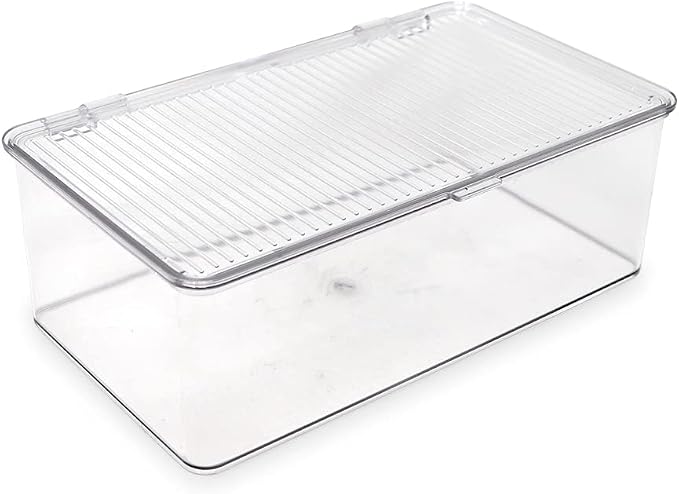 Isaac Jacobs Medium Stackable Organizer Bin (10.75”x6.5”x3.7”) | With Hinged Lid, Clear Storage Box Home Office School Fridge Bathroom Kitchen Pantry Container BPAFree Food Safe