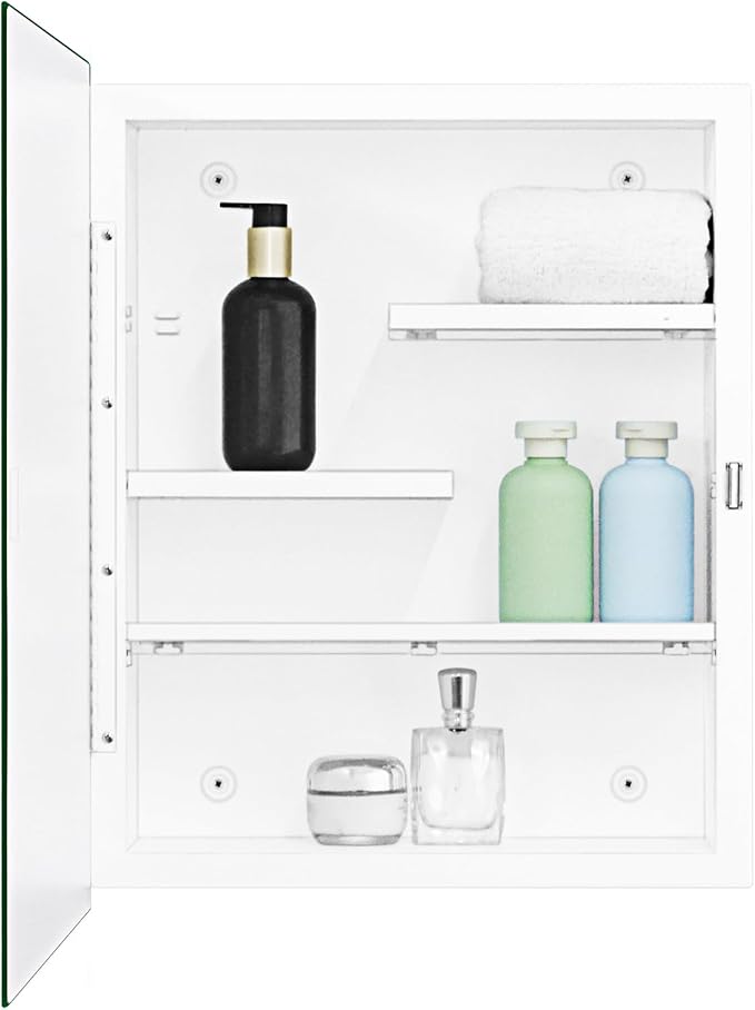 White Metal Medicine Cabinet, 16 x 20 Beveled Mirror, Surface Mount Storage | Beveled Mirror Bathroom Cabinet with Adjustable Staggered Shelves, Piano Hinge, Left/Right Swing & Matte White Powder Coating