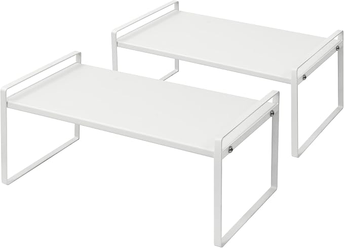 Nxconsu Stackable Cabinet Shelf Organizer 2 Pack, Standard White | Heavy-Duty 3mm Steel Stackable 2-Tier Shelf, Holds 50 lb, for Kitchen Cabinet Pantry Cupboard Counter Bathroom Under Sink