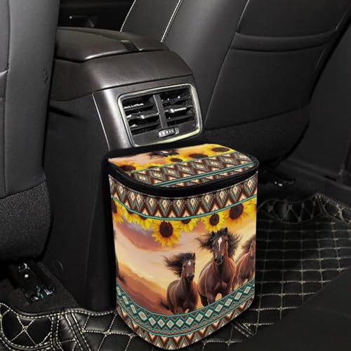 DISNIMO Sunflower Western Horse Car Trash Can with Lid Cute Car Accessories Leak Proof Car Trash Bag Hanging Car Garbage Can Multipurpose Storage Container for Back Seat Road Trip