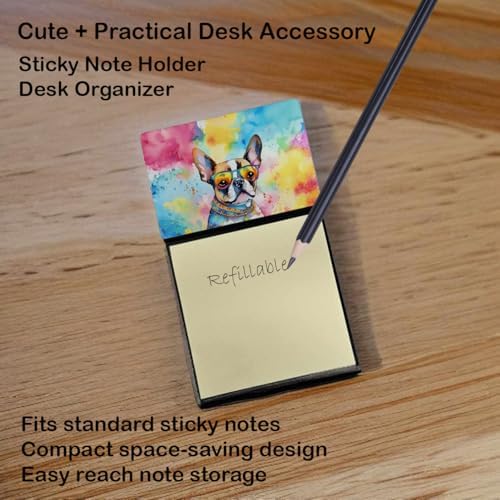 Caroline's Treasures Boston Terrier Hippie Dawg Sticky Note Holder Refillable Dispenser Self-Sticky Note Pads, Memo Pads Blank Desk Accessories