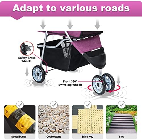 BestPet | 3-Wheel Foldable Pet Stroller | Purple | Lightweight & Portable | Travel Carrier with Mesh Windows, Storage Basket, Cup Holder, Safety Brakes, and Waterproof Fabric | For Small Dogs and Cats