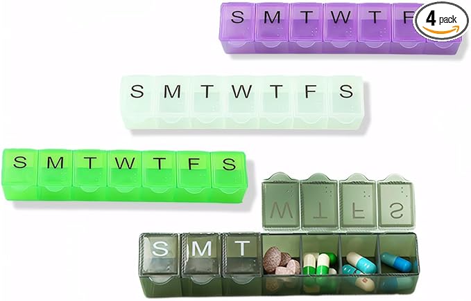 4 Pack Weekly (7-Day) Pill Organizer, 7 Days Pill Case Travel Daily Pill Box Portable Medicine Organizer and Planner with Compartment for Vitamins, Fish Oil, Supplements and Medication (4, Color)