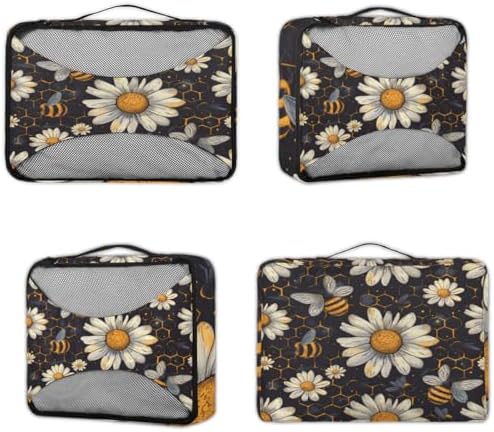 Honey Bumble Bee 4 Set Packing Cubes Luggage Organizer Bags for Travel Accessories and Essentials, Daisy Floral Bee