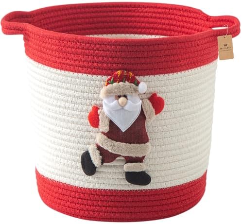 Christmas Basket with Santa Claus Doll, Woven Cotton Rope Christmas Storage Basket with Handles, Christmas Toy Baskets for Towels, Diapers, Red