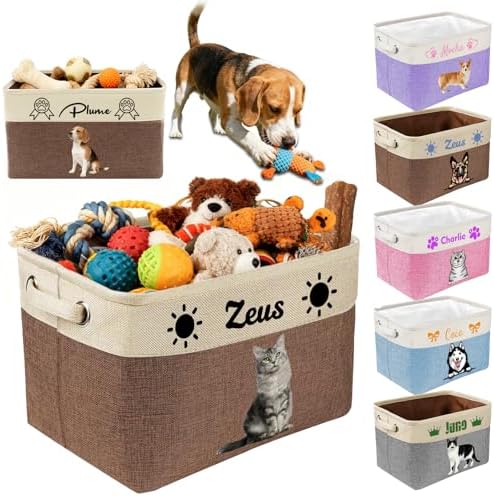 Custom Dog Toy Basket with Name Photo, Personalized Toys Clothing Storage Bins for Dogs Cats Pet,Collapsible Doggy Box Customized for Toy Food Brown