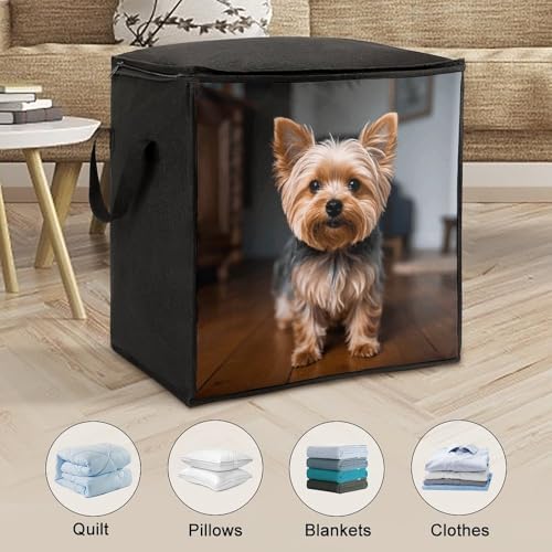 Cute Pet Yorkie Storage Bags Comforter Bedding Clothes Blanket Organizers with Zipper And Handle Moving Bags Thick Breathable Bag Closet Organizer And Under-Bed Storage 70 L