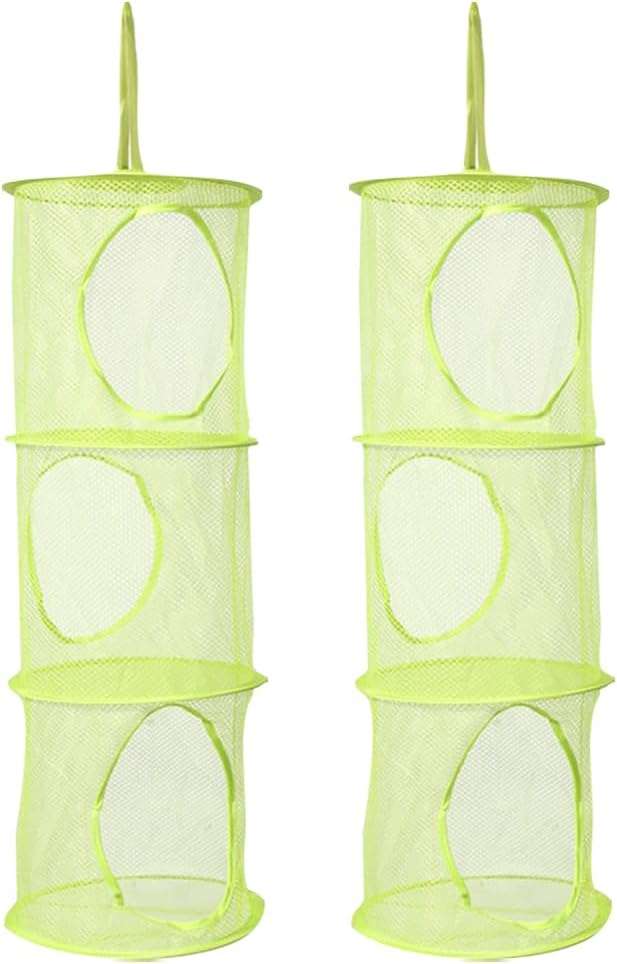 GSHLLO 2 Pcs Toy Storage Hanging Mesh 3 Compartment Organizer Net Stuffed Animal Hammock Foldable Organizing Baskets Clothes Hanger Organizer Bag for Room Bathroom Closet Green