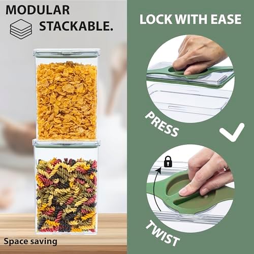 Airtight Pantry Storage Container 5 PC Set, Twist-Lock Lid, Green | 0.8qt, 1.9qt ×2, 3qt, 4qt Leakproof Detachable Lid for Easy Cleaning, Cereal, Pasta, Rice, Oats, Snack Storage BPA-free