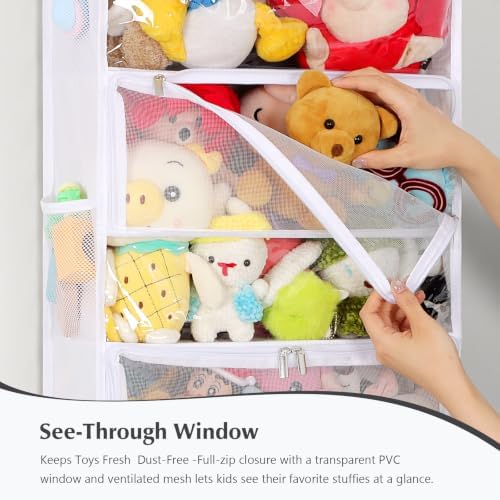 Univivi Over Door Stuffed Animal Storage,5-Tier Toy Organizer,White | Breathable Mesh, Dustproof Zipper Pockets, Clear PVC Window, Heavy Duty, for Playroom & Bedroom
