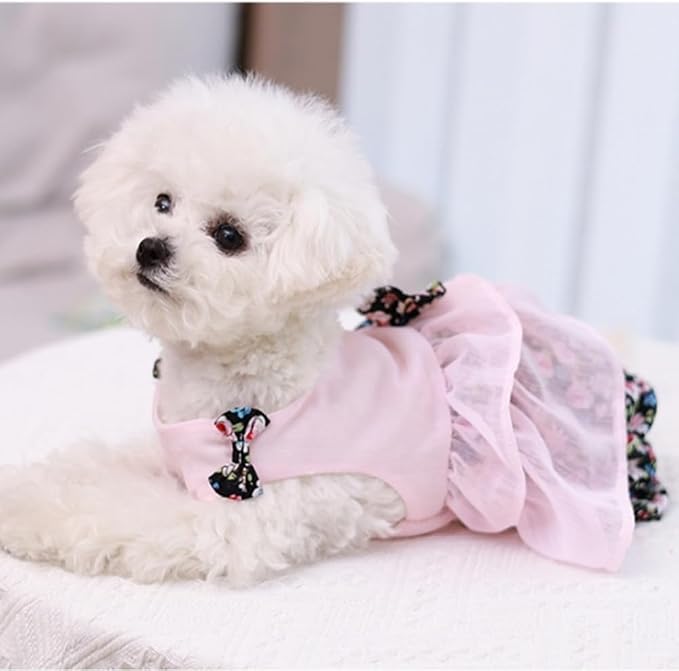 Vintage Floral Bowknot Sleeveless Romper for Small Dogs Cats Rabbits, Breathable Cotton Ruffle Flared Pants, Teacup to Small-Medium Pets for Walk Photo Vacation (Pink-Floral, X-Large)