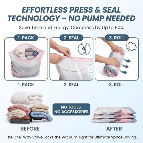 No Pump Vacuum Storage Bags, Press & Seal, No Pump Needed, 3D Compression Bags for Storage, for Clothes, Comforters, Blankets (M*2+L*2)