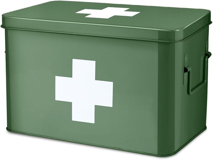 Flexzion Large Metal First Aid Box Empty, 13-Inch, Green with White Cross | Vintage Medicine Box and First Aid Storage Organizer with Removable Tray and Dividers; Empty Box Only, Supplies Not Included