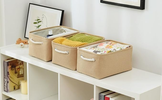 Storage Bins for Shelves - Medium 3Pack 13.8L*9.8W*6.7H inch Canves Storage Basket for Organizing, Fabric Storage with Handles for Clothes Baby Dog Toys(Beige)