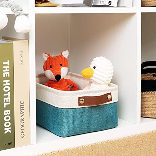 DULLEMELO Small Collapsible Fabric Basket for Organizing, Shelves, Closets, Laundry, Nursery, Decorative Gift Basket (White & Teal)