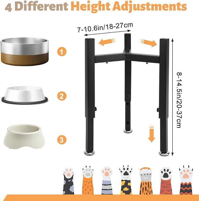 Single Upgrade Metal Dog Feeder Supports, 4 Adjustable Heights 8-14.5" Width 7-10.6", Non-Slip and No Spill Raised Pet Bow Holder for Small Medium Large Dogs(Bowl Not Included)