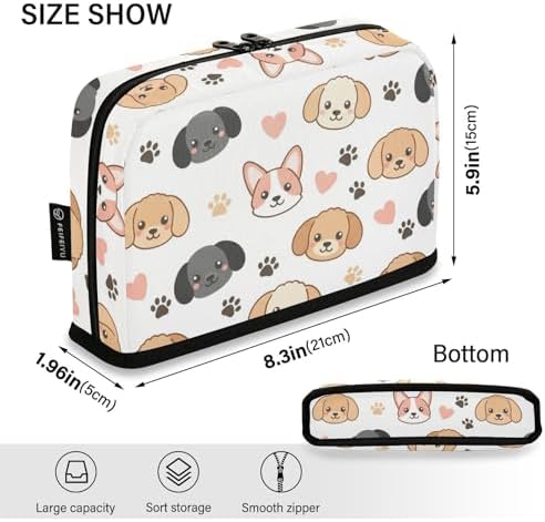 Emelivor Dogs Pets Puppies White Pattern Large Capacity Pencil Case Stand Up Pencil Pouch for School Office Aesthetic Pen Organizer Bag with Pockets Portable Makeup Pouch for Kids Adults Boys Girls
