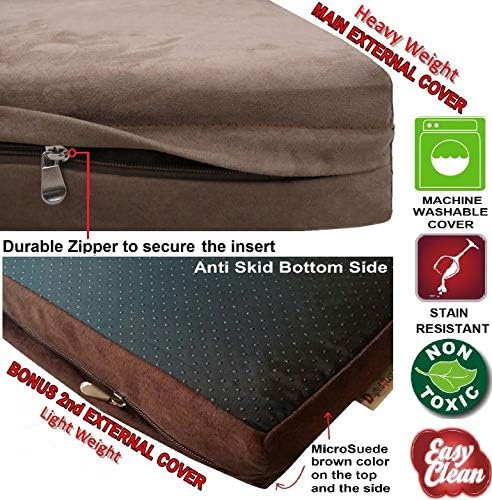 Dogbed4less Orthopedic Memory Foam Dog Bed with Brown Suede Cover, Waterproof Liner and Extra Replacement Pet Bed Case, Fit 42"X28" Large Crate