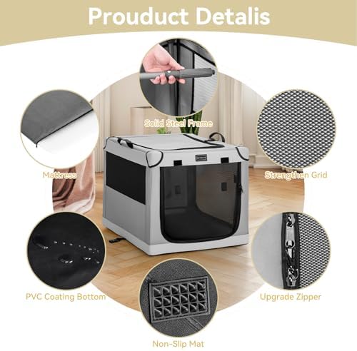 PETSFIT Portable Dog Crate for Large Dogs, – 40" Soft Dog Travel Crates with Lockable Zippers & Thicken Mat, Adjustable Patented Spiral Steel Frame, Collapsible Kennel for Indoor & Outdoor