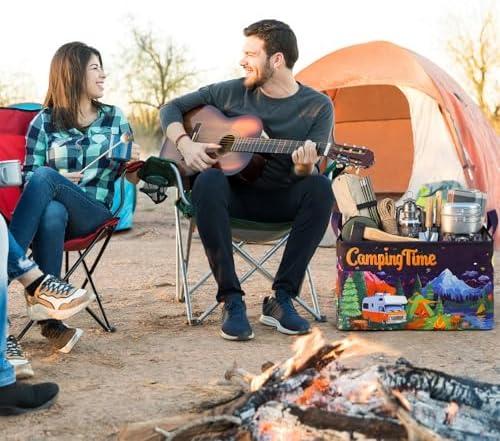Breling 4 Pcs Camping Storage Baskets with Handles Black Night Camping Laundry Hamper Large Collapsible Bonfire Woodland Theme Baskets Storage Bins Boxes for Outdoor Lake Camp, 15 x 10 x 8 Inch