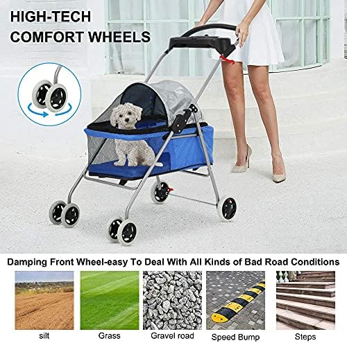 Meet Perfect Pet Stroller for Small/Medium Dogs & Cats, Blue, Foldable | Waterproof fabric helps protect pets during outdoor travel; Mesh panels provide ventilation and visibility.