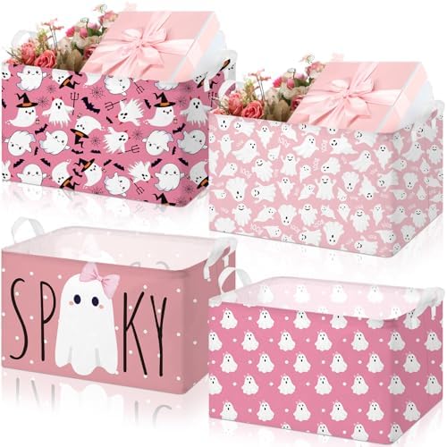 Chunful 4 Pcs Pink Halloween Storage Baskets Cute Ghost Boo Basket