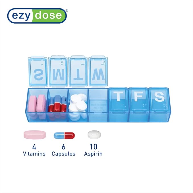 Ezy Dose Weekly (7-Day) Pill Organizer, Medium Planner, Blue, BPA-Free | Compact Daily Vitamin & Supplement Medicine Case, Pop Up Compartments, Convenient and Easy to Use, Travel-Friendly, BPA-Free