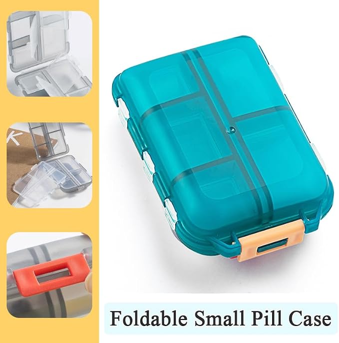 Daily Travel Pill Case Organizer Small 10 Compartment Medicine Box | Compact Purse Portable Pill Reminder Dispenser, Perfect for On-the-Go Pocket Storage Vitamin, Fish Oil, Calcium Tablet, Green