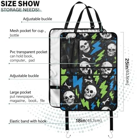 2 Pack Back Seat Car Organizer with Storage Pockets Kick Mats Back Seat Protector Hanging Car Organizer Automotive Seat Back Cover Organizers Skull Lightning Colorful