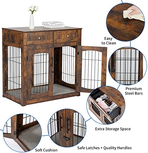 40'' Wooden Dog Crate Furniture, Farmhouse Dog Kennel Indoor Furniture Style Dogs Crate Table with 2 Drawers for Small, Medium & Large Dogs Brown