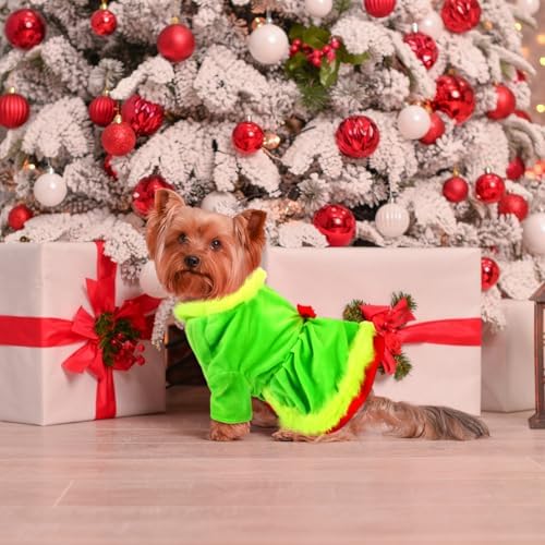 Glitopper Christmas Dog Costume Red Green Dog Outfit Lime Green Pet Outfit Velvet Furry Pet Costume Cosplay Christmas Dogs and Cats Clothes for Holiday Party Favors(Small)