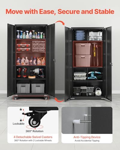 VEVOR Metal Storage Cabinet, 72.6 in Rolling Steel Garage Cabinet with 4 Adjustable Shelves, 2 Magnetic Doors & 2 Keys, 5 Tiers Lockable Tool Storage for Pantry, Warehouse, Basement, Office, Black