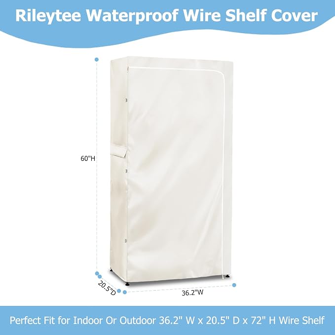 Rileytee Wire Shelf Cover,Heavy Duty 600D Dustproof Waterproof Shelf Covers for Shelving,Outdoor Storage Rack Cover for Wire Rack with Zipper,White,36.2" W x 20.5" D x 60" H