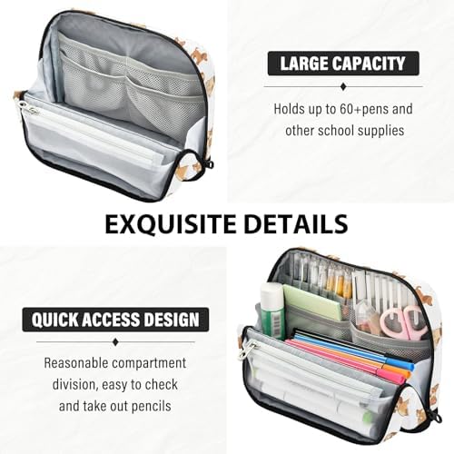 Emelivor Pets Dogs White Pattern Large Capacity Pencil Case Stand Up Pencil Pouch for School Office Supplies Pen Organizer Bag with Pockets Portable Makeup Pouch for Adults Boys Girls Teens