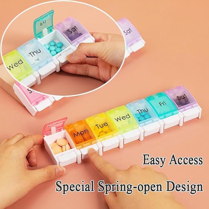 7 Day Pill Case Organizer, Large Daily Medicine Box Dispenser Box | Colorful Travel 7 Dividers Vitamin Holder with Easy Push Button for Medication, Supplement, Fish Oil, Cod Liver Oil, Capsules