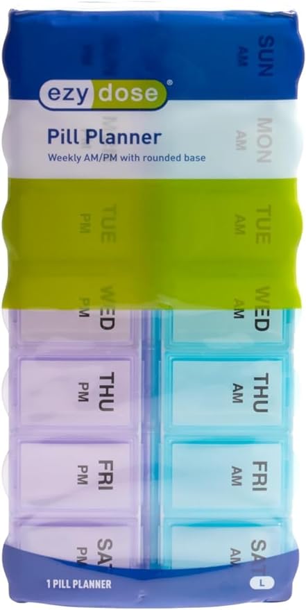 EZY DOSE Weekly (7-Day) AM/PM Daily Pill Case, Medicine Planner, Vitamim, Fish Oil, Supplements Organizer Container, Large Compartments, 2 Times a Day, Blue and Purple Lids, BPA Free