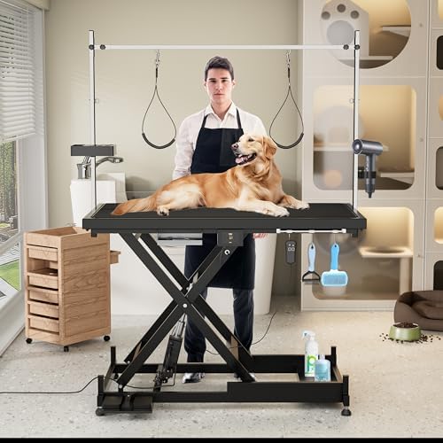 50 Inch Electric Dog Grooming Table, Heavy Duty Upgrade Extra Large Pet Grooming Tables with Overhead Arms, 2 Nooses & Tool Organizer, Height Adjustable Grooming Table for Home, Black