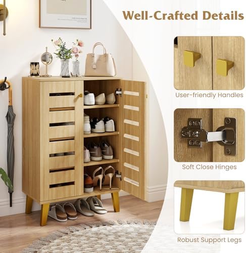 GIANTEX Shoe Cabinet with Doors, Modern Wooden Narrow Shoe Storage Cabinet | 4-Tier Freestanding Shoe Rack Cabinet with Ventilated Slatted Doors & Adjustable Shelves for Entryway, Hallway, Closet