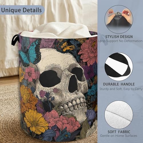 Skeleton Laundry Basket,Butterfly Flowers Oxford Cloth Laundry Hamper with Handle Foldable Portable Clothes Storage Basket for Bathroom Bedroom Dorm Room 16" x 20.8"